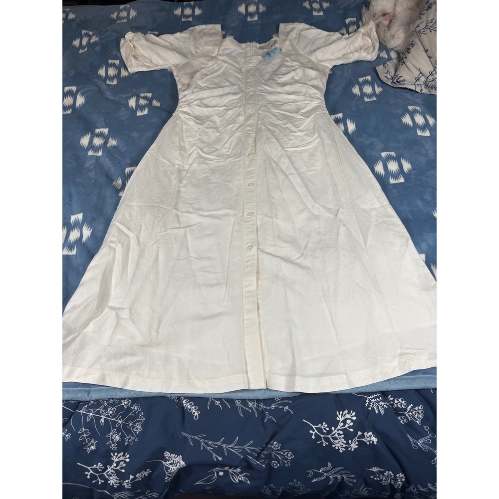 LOFT Petites Cream Linen Blend Button Front Puff Sleeve Midi Dress 12P NWT